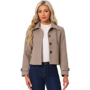 Turn Down Collar Long Sleeve Single Breasted Winter Pea Coat Dark Beige